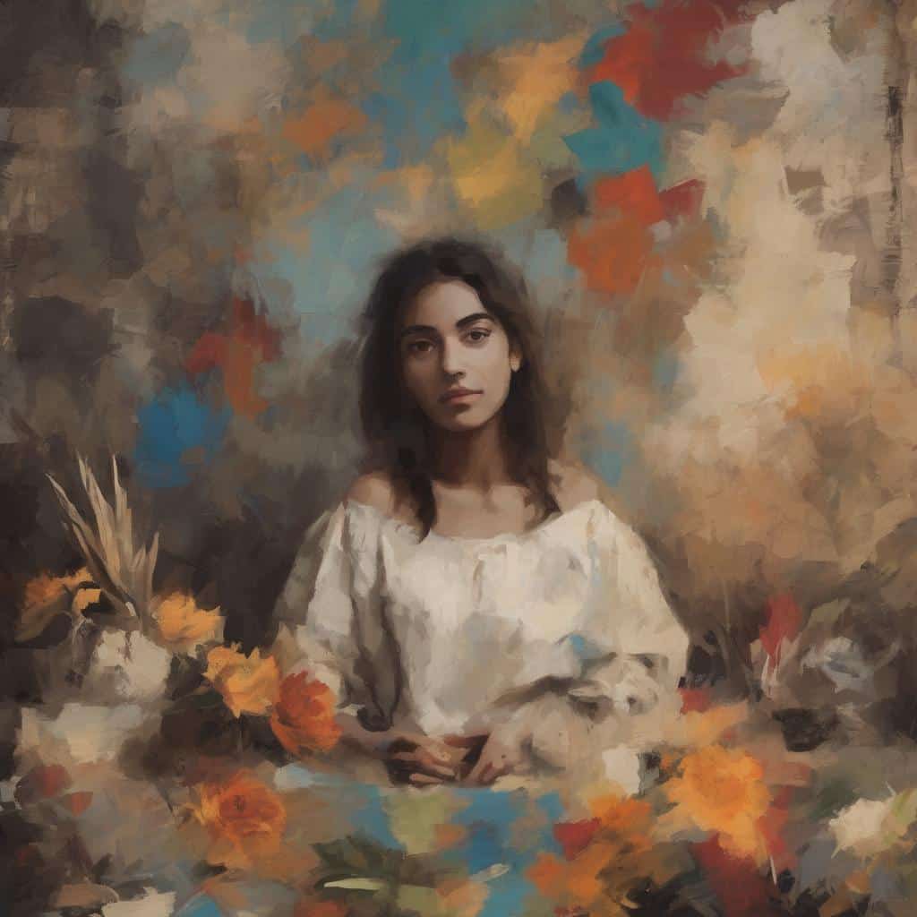 Αποτύπωση νεαρής γυναίκας σε πίνακα ζωγραφικής, από τη φύση στην τέχνη, με έντονα χρώματα και καλλιτεχνική αίσθηση.