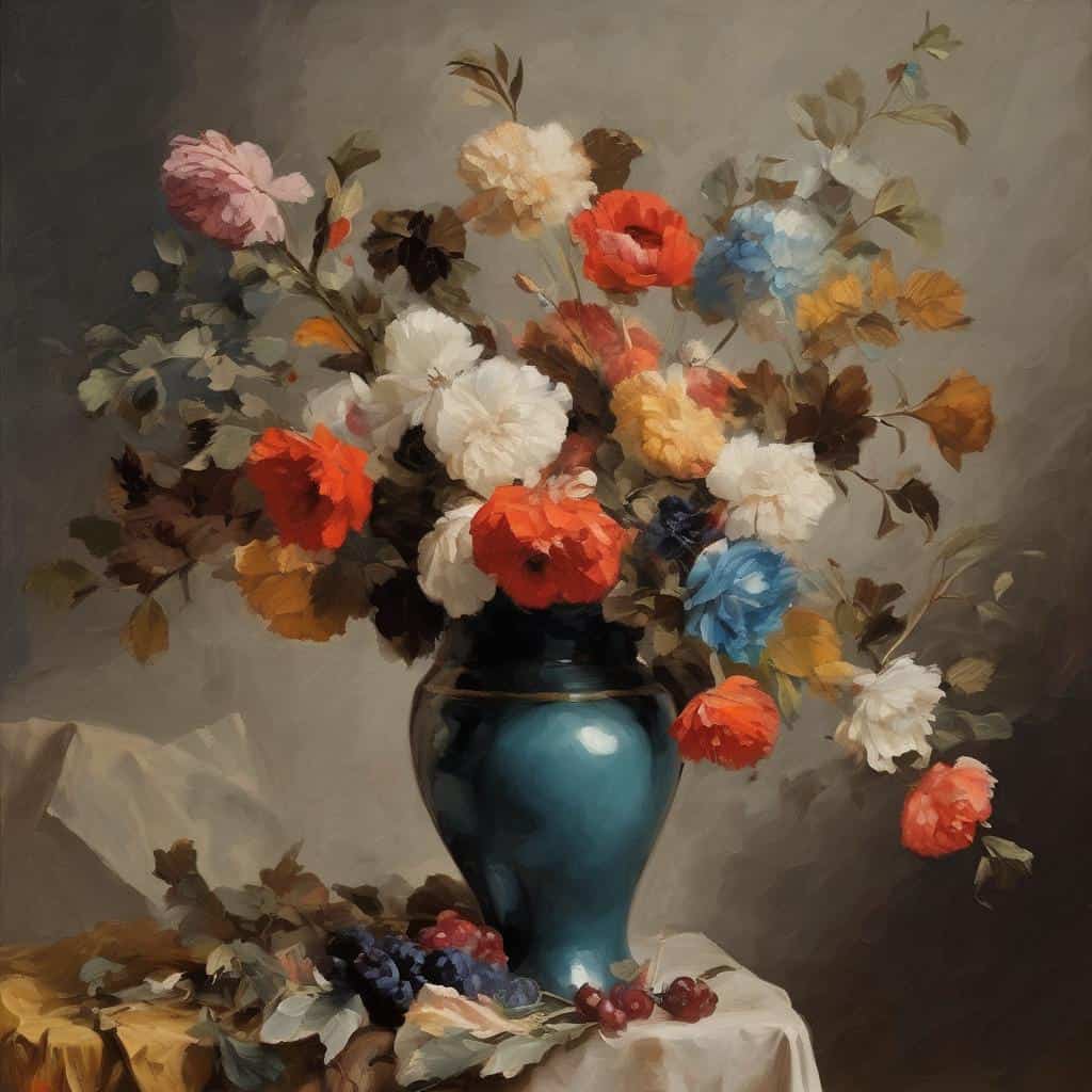 Ανθισμένα λουλούδια σε βάζο, 자연 και τέχνη, εντυπωσιακή εικόνα, ζωγραφική έργο, όμορφα χρώματα, διαχρονική ομορφιά, σύγχρονη τέχνη, φύση στην τέχνη.