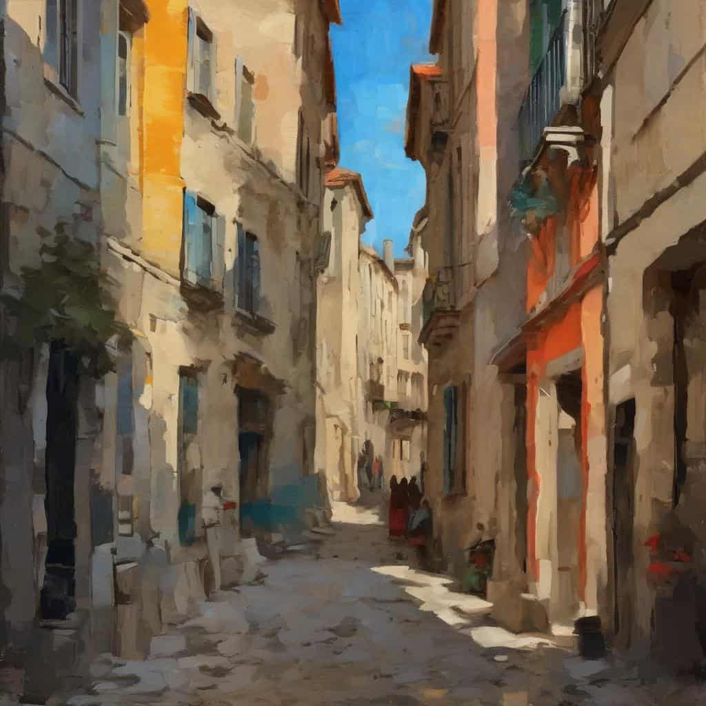 Στενό δρομάκι με παλιά κτίρια και ζωηρά χρώματα, εμπνευσμένο από τη φύση και την τέχνη, στην Ελλάδα.